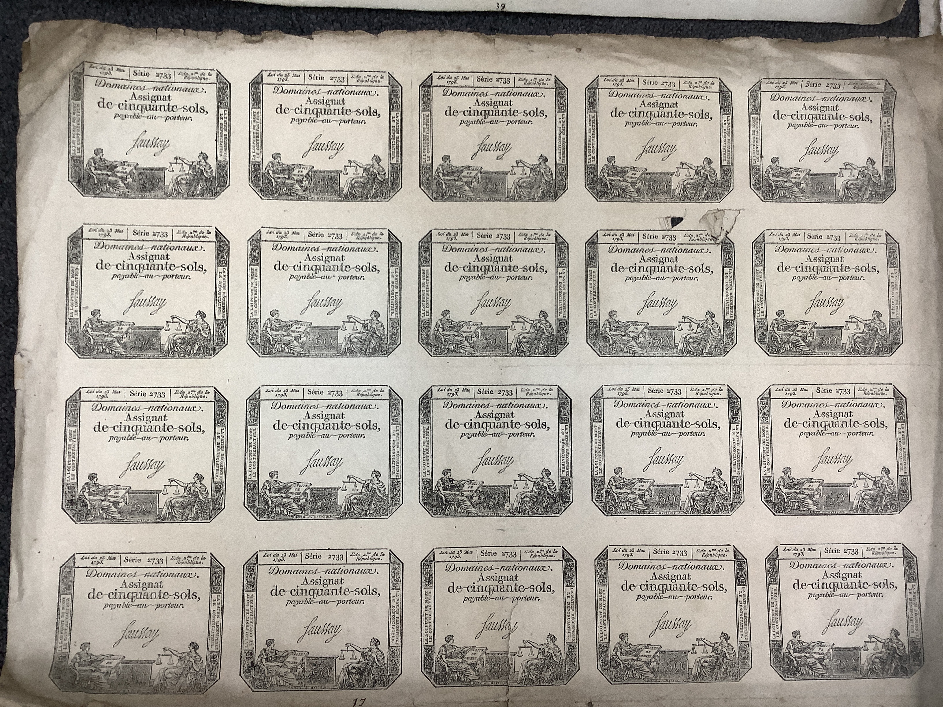 French Revolutionary banknotes, Republic Francaise, seventeen uncut sheets of Assignat notes to include